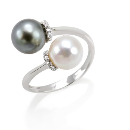 Anello contrariè in oro bianco 18 kt con diamanti e Perle bianca e nera di mare - AD695-4B