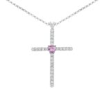 Collana croce in oro bianco 18kt rodiata con diamanti e zaffiro rosa a cuore - CD623/ZR-LB
