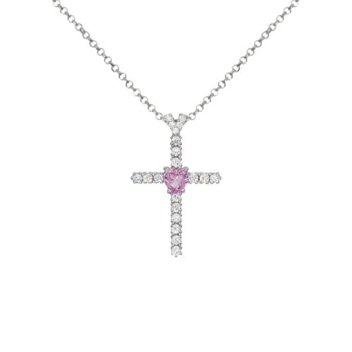 Collana croce in oro bianco 18kt rodiata con diamanti e zaffiro rosa a cuore - CD624/ZR-LB