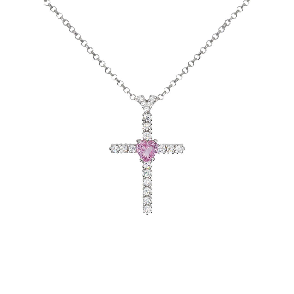 Collana croce in oro bianco 18kt rodiata con diamanti e zaffiro rosa a cuore - CD624/ZR-LB