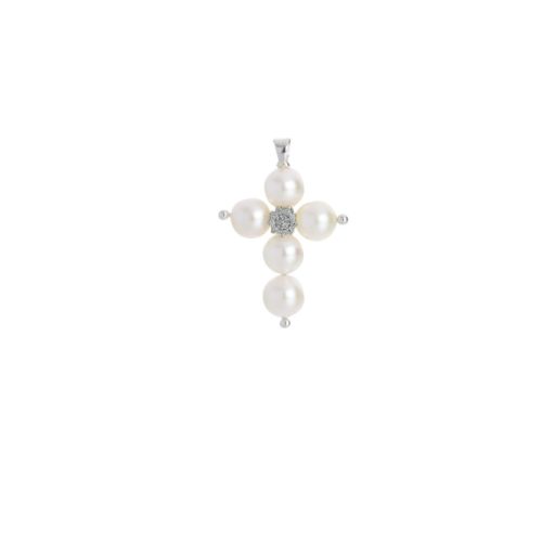 Pendente in oro bianco 18 kt, croce con perle e diamanti - PD007-LB