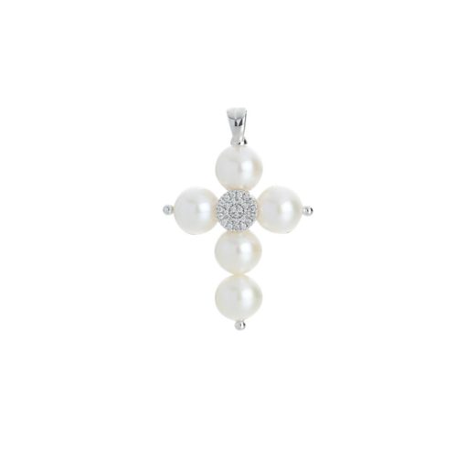 Pendente in oro bianco 18 kt, croce con perle e diamanti - PD010-LB
