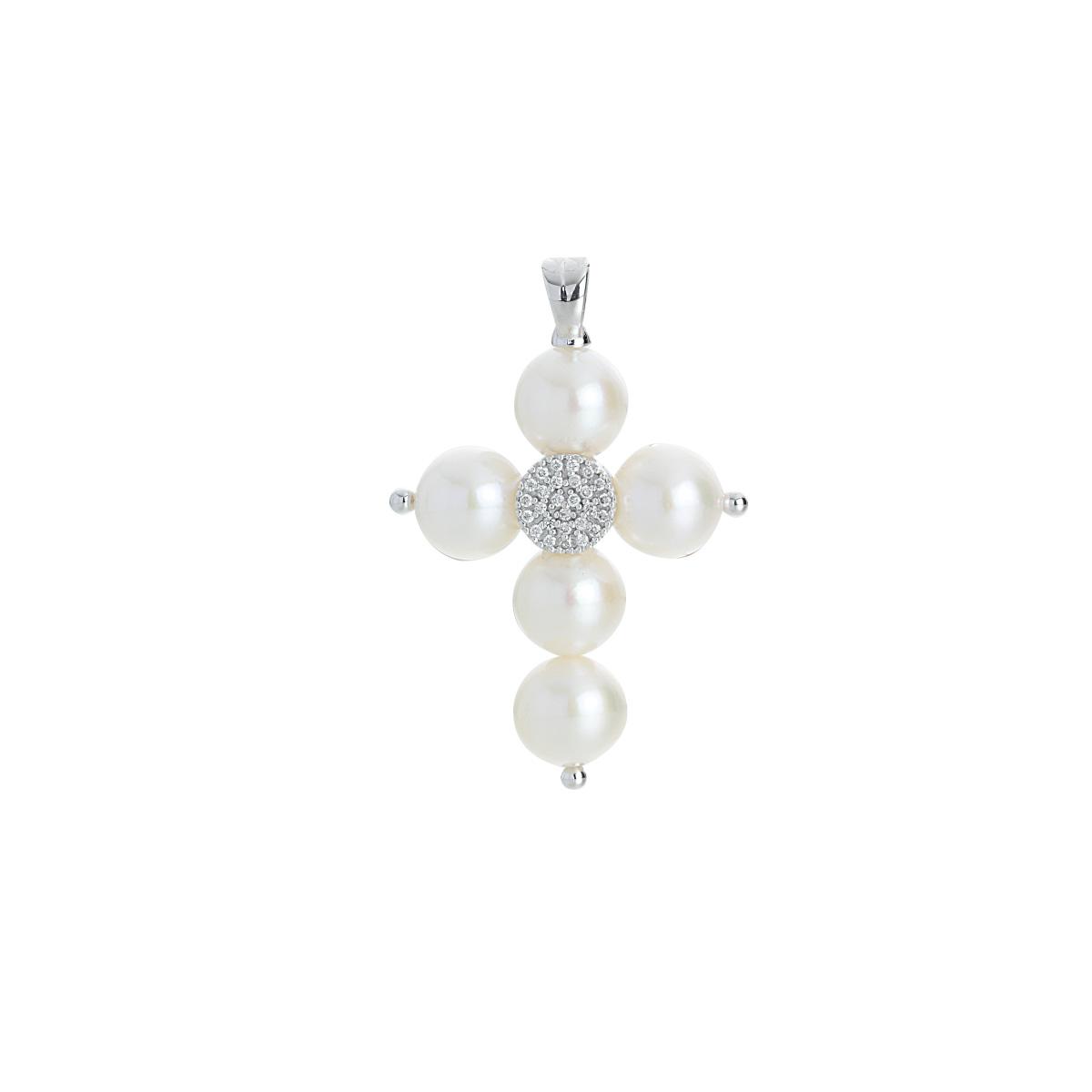 Pendente in oro bianco 18 kt, croce con perle e diamanti - PD010-LB